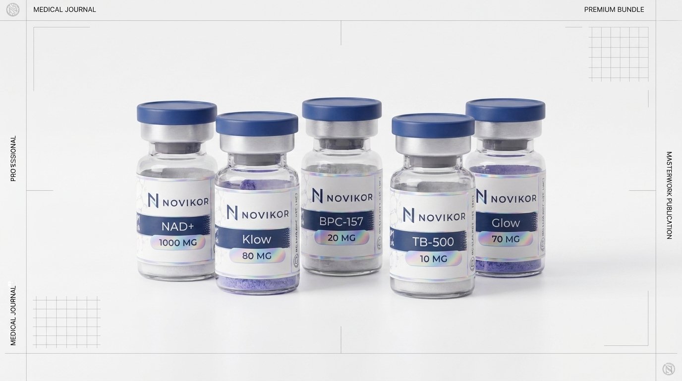 Novikor peptide product lineup - NAD+, Klow, BPC-157, TB-500, Glow